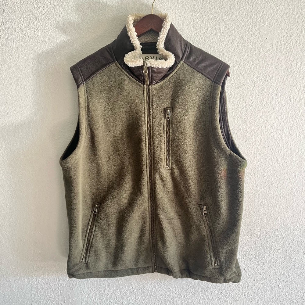 Orvis Vest Men’s Medium Green Fleece Sherpa Collar Full Zip Faux Leather Trim